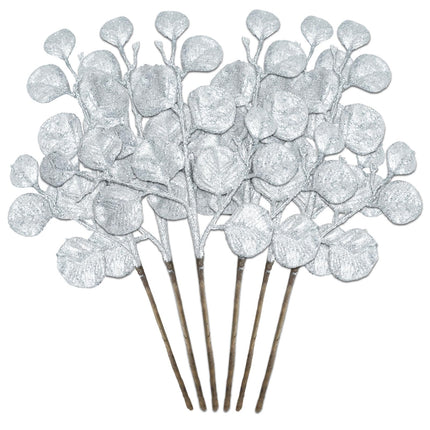 6 Pieces Silver Christmas Tree Picks and Sprays 16.9" Christmas Glitter Eucalyptus Leaves Stems for Christmas Tree Filler Wreath Swag Floral Arrangment Table Centerpieces Decoration