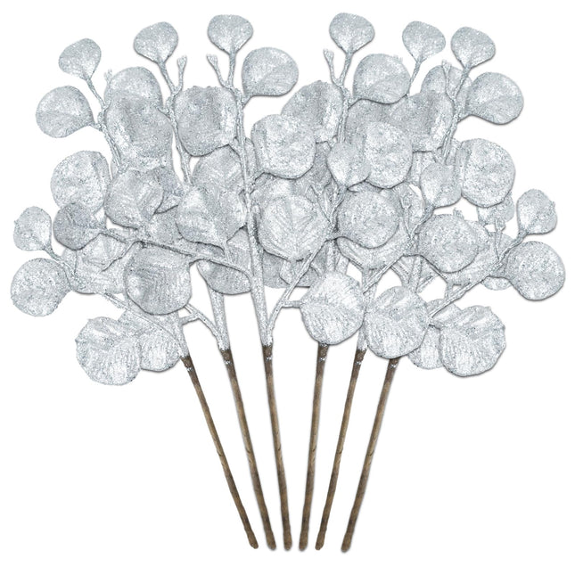 6 Pieces Silver Christmas Tree Picks and Sprays 16.9" Christmas Glitter Eucalyptus Leaves Stems for Christmas Tree Filler Wreath Swag Floral Arrangment Table Centerpieces Decoration