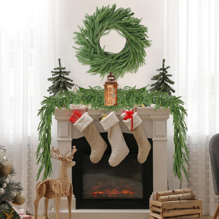 Sggvecsy 6.4Ft Christmas Fork Norfolk Pine Garland Artificial Christmas Garland Real Touch Artificial Pine Greenery Garland for Table Wall Mantle Indoor Fireplace Home Holiday Winter Decoration