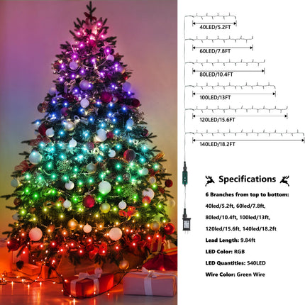 iBaycon RGB Christmas Tree Lights, 540 LED Color Changing Christmas Lights with Multiple Vivid Effect, Waterproof with Remote & Timer, Unique Design Tree Lights for 5ft to 9ft Christmas Trees