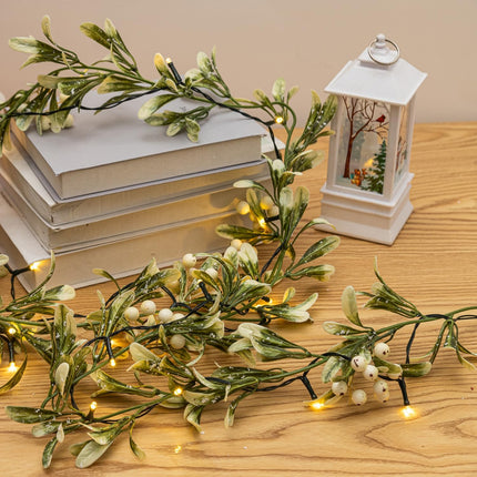 6 FT Christams Garland with Lights, Flocked Garland with Snow, 8 Lighting Modes 20 LED Lights, Battery Operated, Pineneedle, White Berries, Christmas Garland for Indoor Outdoor