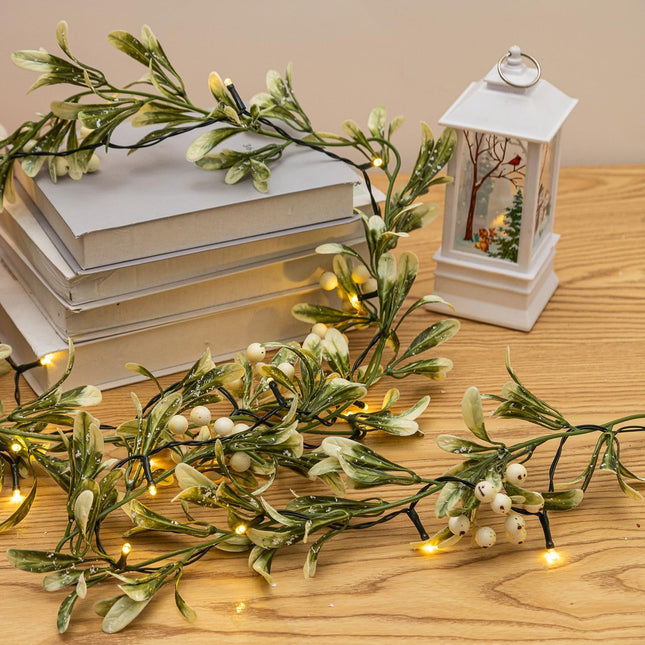 6 FT Christams Garland with Lights, Flocked Garland with Snow, 8 Lighting Modes 20 LED Lights, Battery Operated, Pineneedle, White Berries, Christmas Garland for Indoor Outdoor