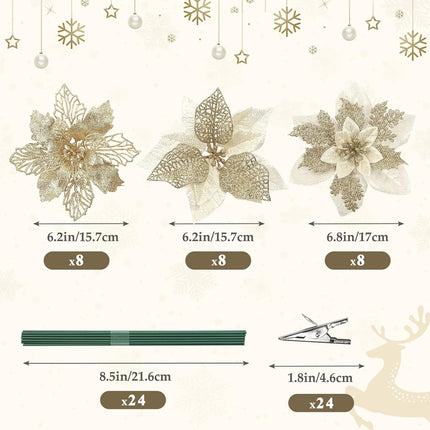 24Pcs 3 Styles 6 inch Poinsettias Artificial Christmas Flowers, Glitter Christmas Tree Decorations, Floral Ornaments for Home/Party, Xmas Decor Flowers with Clips and Stems, Champagne Gold
