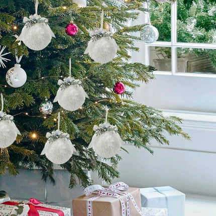 Nature Vibe Set of 4 Faux Fur White Christmas Ornaments in Box,Christmas Balls with Silver Accent as Christmas Tree Decorations or Winter Wonderland Decorations