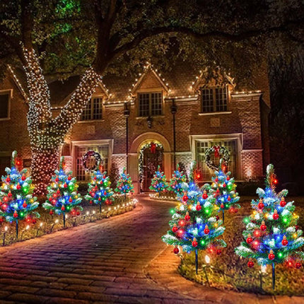Homeleo d 4 Packs Solar White Christmas Tree Outdoor, Waterproof 80 LED Xmas Pathway Lights, Small Prelit Snowflake Christmas Tree with Red Ball Ornaments for Christmas Decorations Outdoor Yard