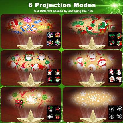 10" Christmas Tree Topper Projector with 6 Projection Modes, Built-in LED Rotating Light, 3D Glitter Dynamic Projector Light Up Tree Topper Star for Xmas Holiday Party Decorations s (Gold)