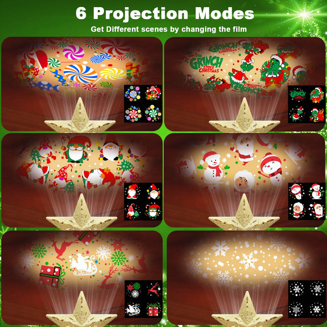 10" Christmas Tree Topper Projector with 6 Projection Modes, Built-in LED Rotating Light, 3D Glitter Dynamic Projector Light Up Tree Topper Star for Xmas Holiday Party Decorations s (Gold)