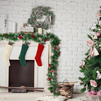 Shappy 6 Pc 18" Christmas Stockings with Artificial Pine Branches Garland 6.56 Ft Knit Christmas Stocking with Red Berries Pine Cones for Family Home Xmas Party Decorations