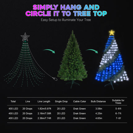 Smart Ring Christmas Tree Lights with Star Topper Indoor Outdoor - 7Ft x 20 Lines String 400 Optimum LED Easy App Control Images Color Changing Timer Remote Waterproof for 6 7 7.5 Ft Xmas Trees
