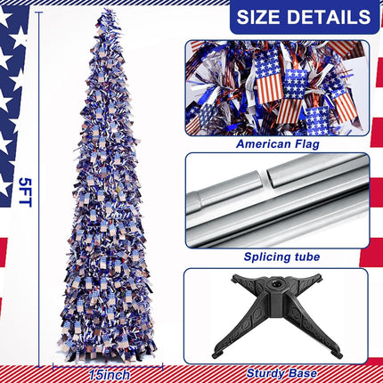 4th of July Patriotic Artificial Christmas Tree, 5 Ft Pop Up Collapsible Tinsel Christmas Tree Christmas Decorations for Home Fireplace Party Indoor Outdoor (American Flag)