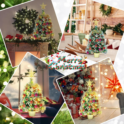 Mini Tabletop Christmas Tree with Lights 20" Small Prelit Artificial Desktop Christmas Tree Snow Flocked Pine Tree wiith Xmas Ball Ornaments