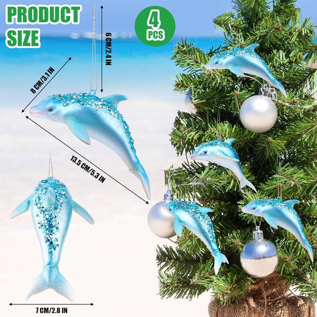 Sliner 4 Pcs Ocean Themed Christmas Tree Decorations Beach Christmas Dolphins Ornaments Glass Hand Blown Xmas Tree Dolphin Hanging Ornament Glitter Blue Dolphin Decor for Christmas Ocean Sea Party