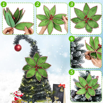 6 Pcs Green Peppermint Edge Christmas Poinsettia Stem 10.24 x 3.94 Inch Silk Velvet Artificial Poinsettia Flowers Fake Poinsettia Blooms for Christmas Trees and Holiday Decorations