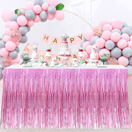4 Pack 29x108 Inch Metallic Foil Fringe Tinsel Table Skirts for Rectangle Tables Streamer Curtains Backdrop for Wedding, Birthday, Parade Floats, Christmas, Halloween Party Supplies(Pink)