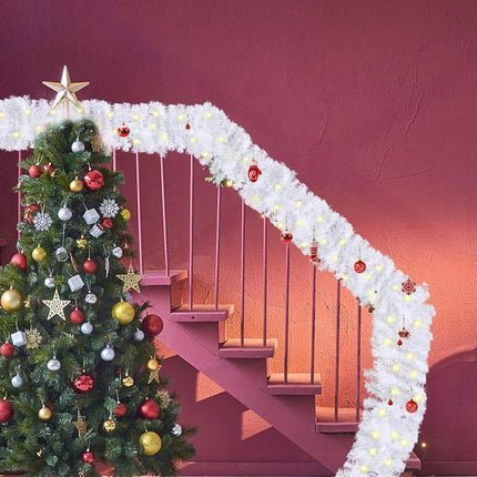CCINEE 9FT Prelit Artificial Christmas Garland, White Xmas Garland Battery Operated with 50 Warm LED Lights Lighted Christmas Garland for Mantle Fireplace Stairs Indoor Outdoor Decoration