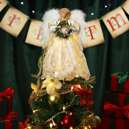 Angel Christmas Tree Topper, 14" Gold Angel Treetopper, 10Led Angel Tree Topper with Wings, Indoor Christmas Decors, Home Ornaments (Gold-Garland)