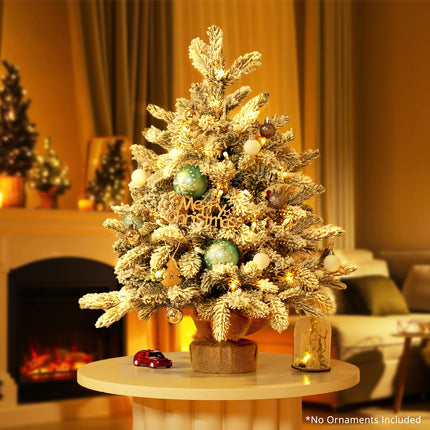 20 inch Mini Flocked Christmas Tree, Pre Lit Artificial Christmas Tree Snow Flocked Christmas Tree with Red Berries and Pinecones DIY Decorations Tabletop Christmas Tree