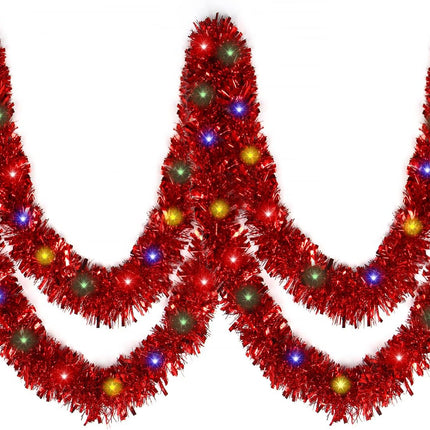 KIMOBER 32.8 Ft Christmas Prelit Tinsel Garland, Red Metallic Garland with 100 LED Lights for Christmas Tree Decorations,Wedding Party Supplies