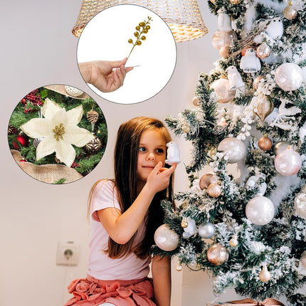 38Pcs Gold Christmas Decorations Set Include 24Pcs Artificial Christmas Flowers, Clamp and Stem, 12Pcs Holly Berry Stems, 2Pcs Ribbon, Poinsettia Christmas Tree Picks for Wreaths Garland Decor