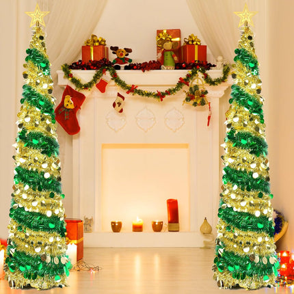 6FT Pop up Christmas Tree Collapsible Gold Green Tinsel Christmas Tree Slim Sequins Xmas Tree with Topper Star, Artificial Reusable Christmas Tree for Holiday Indoor Home Party Decor