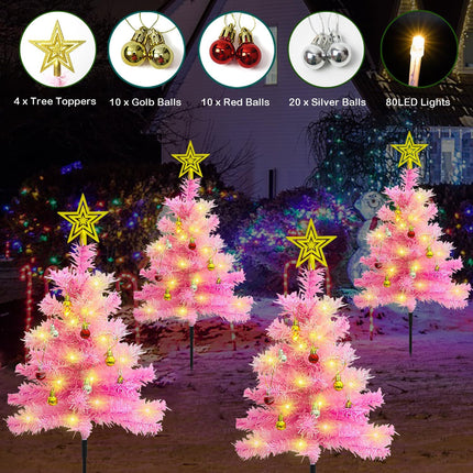 4-Pack Pink Solar Christmas Tree Outdoor Christmas Decorations, 80 LED Xmas Tree Solar Christmas Lights, Waterproof Small Pink Christmas Tree with Ball Ornaments for Front Porch,Patio, Yard, Pathway