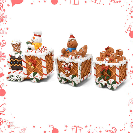 Boutique Christmas Gingerbread Express Train Table Decor 3 Piece Resin Holiday Xmas Trains Figurine Shelf Sitter Tabletop Centerpiece Party Supplies Decoration