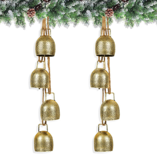 Set of 2 Christmas Bells Metal Rustic Hanging Bells with Hemp Ropes Vintage Christmas Decorations Indoor Home for Christmas Wreaths Christmas Trees Rustic Christmas Ornaments Decor