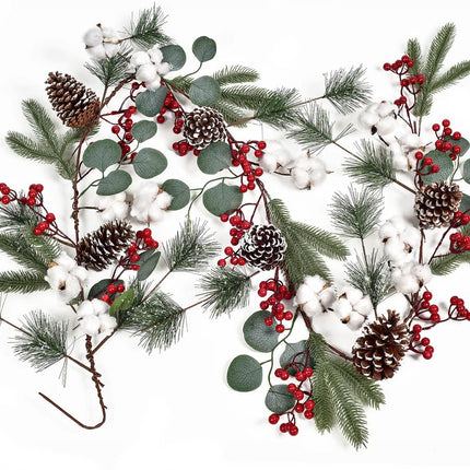 Artiflr 6FT Christmas Pine Garland with Berries Pine Cones Spruce Eucalyptus Leaves Cotton Balls Winter Greenery Garland, Artificail Berry Garland for Holiday Fireplace Table Runner Centerpiece Decor