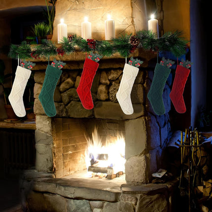 Shappy 6 Pc 18" Christmas Stockings with Artificial Pine Branches Garland 6.56 Ft Knit Christmas Stocking with Red Berries Pine Cones for Family Home Xmas Party Decorations
