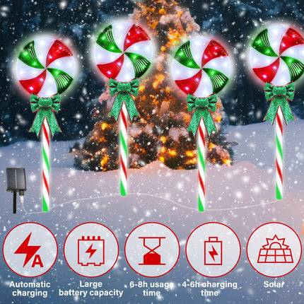 4LED Solar Christmas Pathway Lights Solar Powered Lollipop Garden Lights Decorations Christmas Peppermint Waterproof Outdoor Light Red and Green for Yard Deck Lawn Patio Walkway Courtyard(1Pack)