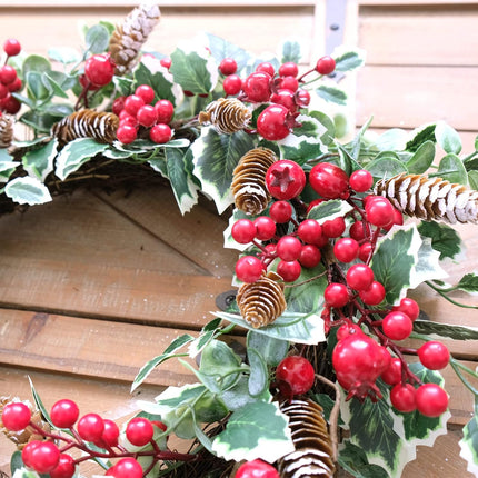 18 Inch Holly Berry Pine Cones Wreath Christmas Wreath for Front Door, Evergreen Winter Holiday Wreath Green Holly Front Door Wreath