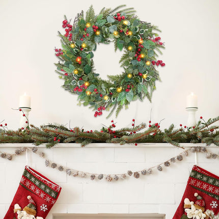 HUAESIN 20in Artificial Pre-Lit Christmas Wreath Holiday Accent Decoration for Door, Small Artificial Xmas Wreath for Hanging Christmas Gate Wall Decorations