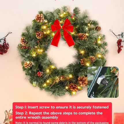 24 Inch Pre-Lit Handcrafted Christmas Wreath for Front Door, IP44 Battery Operated 50 LED Christmas Wreaths, Decor with Pinecones Pine Needles Branches Red Berry Mini Bow, Wreaths for Door Wall Window