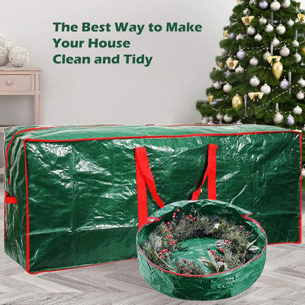 Christmas Tree Storage Bag 52" and Christmas Wreath Storage Bag 30" - Storage 7.5 Foot Artificial Xmas Holiday Tree with Handles, Dual Zipper, Durable Waterproof Material（Green）