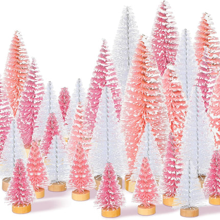 Leyndo 48 Pcs Pink Artificial Mini Christmas Tree Xmas Sisal Bottle Brush Trees with Wood Base Christmas Trees for Christmas Party Table Top Decor Winter Ornaments Home Kitchen Crafts