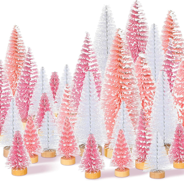Leyndo 48 Pcs Pink Artificial Mini Christmas Tree Xmas Sisal Bottle Brush Trees with Wood Base Christmas Trees for Christmas Party Table Top Decor Winter Ornaments Home Kitchen Crafts