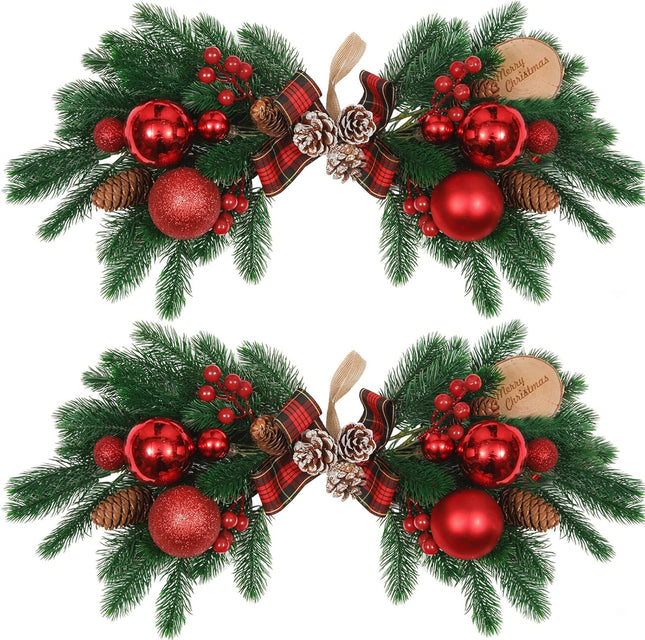 HiiARug Pine and Berry Swag Set of 2, 21" Artificial Christmas Swag Xmas Door Swag with Red Berries Bow Knot for Front Door, Window, Mantels, Wall (Red)