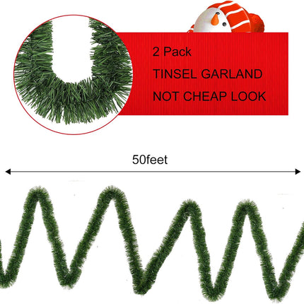 2 Pack 50 Foot Soft Christmas Garland, Non-lit Christmas Garland Ideal for Indoor and Outdoor Decor, Green Tinsel Garland for Holiday Wedding Party Decoration