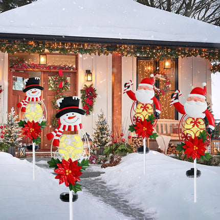 Solar Christmas Garden Stakes 2 Packs Santa and Snowman Christmas Metal Yard Stakes with LED Lights Waterproof Xmas Outdoor Decorations for Garden Lawn Pathway