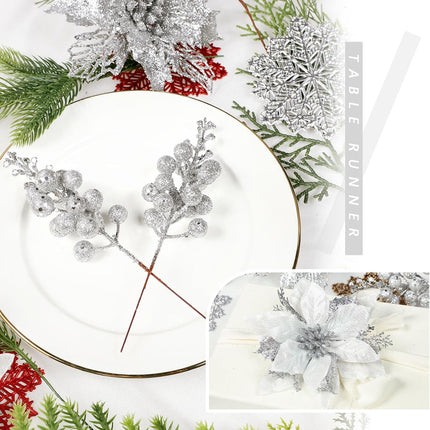Homcomoda Christmas Poinsettia Artificial Flowers with Glitter Berries Stems 22PCS Christmas Flowers with Clips and Stems Christmas Tree Ornament for Xmas Holiday Year Wedding Decor