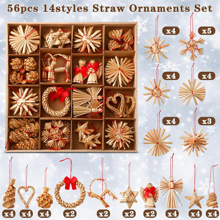56 Pcs Straw Ornaments Set Scandinavian Christmas Decorations Including Stars Snowflakes Hearts Angel Wreath Goats/Julbuck for Danish Norwegia Nnordic Christmas Tree (Heart)