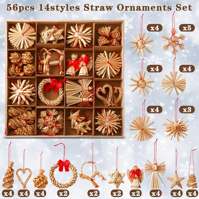 56 Pcs Straw Ornaments Set Scandinavian Christmas Decorations Including Stars Snowflakes Hearts Angel Wreath Goats/Julbuck for Danish Norwegia Nnordic Christmas Tree (Heart)