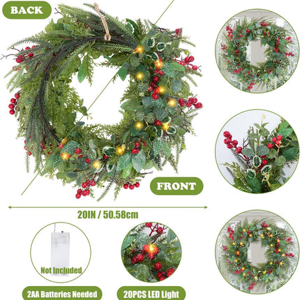 HUAESIN 20in Artificial Pre-Lit Christmas Wreath Holiday Accent Decoration for Door, Small Artificial Xmas Wreath for Hanging Christmas Gate Wall Decorations