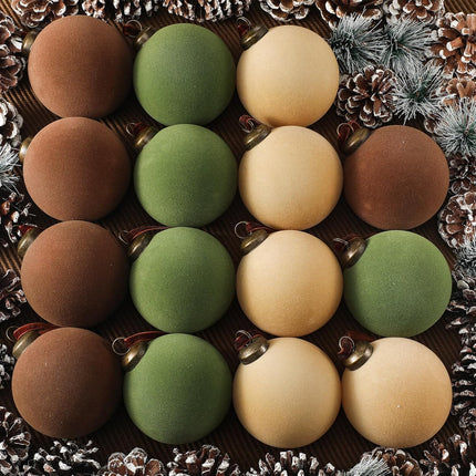 Liliful 15 Pcs Velvet Christmas Balls Bulk Flocked Christmas Tree Ball Ornaments Plastic Balls Xmas Decorative Hanging Ornaments Christmas Tree Decoration (Brown, Green, Beige,3.15 Inch)
