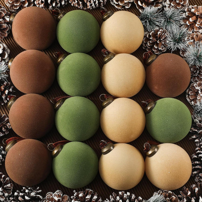 Liliful 15 Pcs Velvet Christmas Balls Bulk Flocked Christmas Tree Ball Ornaments Plastic Balls Xmas Decorative Hanging Ornaments Christmas Tree Decoration (Brown, Green, Beige,3.15 Inch)