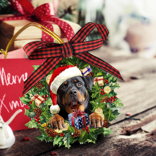 Talataca Rottweiler 2D Flat Wooden Christmas Ornament, Rottweiler Dog Wearing A Christmas Hat Wreath Pine Tree Decor, Hanging House Charm Eve Keepsake, Wood Car Mirror Accessories, Xmas