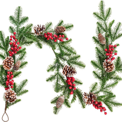 DearHouse 6FT Artificial Christmas Pine Garland with Red Berry Branch Pine Cone Winter Greenery Garland for Holiday Season Mantel Fireplace Table Runner Centerpiece Décor