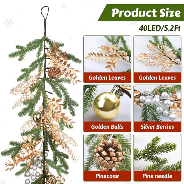 Luditek Christmas Garland with Lights, 5.2ft 40 LEDs Pine Needles Pinecones Christmas Decor String Lights Battery Operated, Christmas Decorations Indoor for Home Fireplace Mantel Door Xmas
