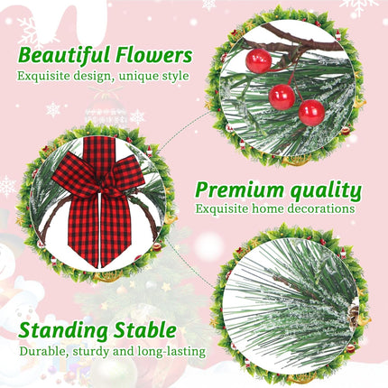 XJar 6 Pcs Mini Christmas Wreaths with Snowy Pine Needles，Pine Cone, Berry and Plaid Bow Ribbon Hanging Decorative for Cabinets Kitchen Window Outdoor Indoor Chair Wall Decor
