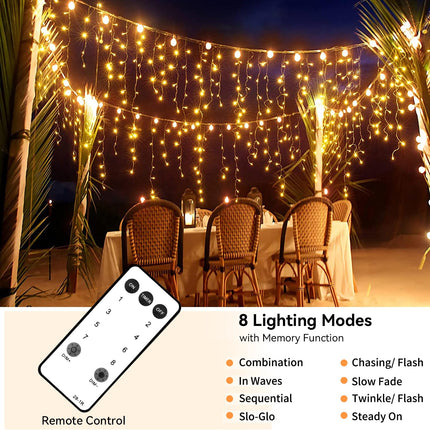 Blingstar Icicle Lights Christmas Lights Outdoor 49.2 Ft 440 LED Extendable Dripping Lights 8 Modes Warm White Icecycle String Lights Cascade for Indoor Outside Xmas Holiday House Decor, Clear Wire
